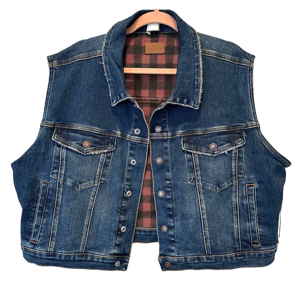 NWT Judy Blue Reversible Buffalo Plaid Flannel Denim Jacket Vest Size 3 XL - Picture 5 of 14